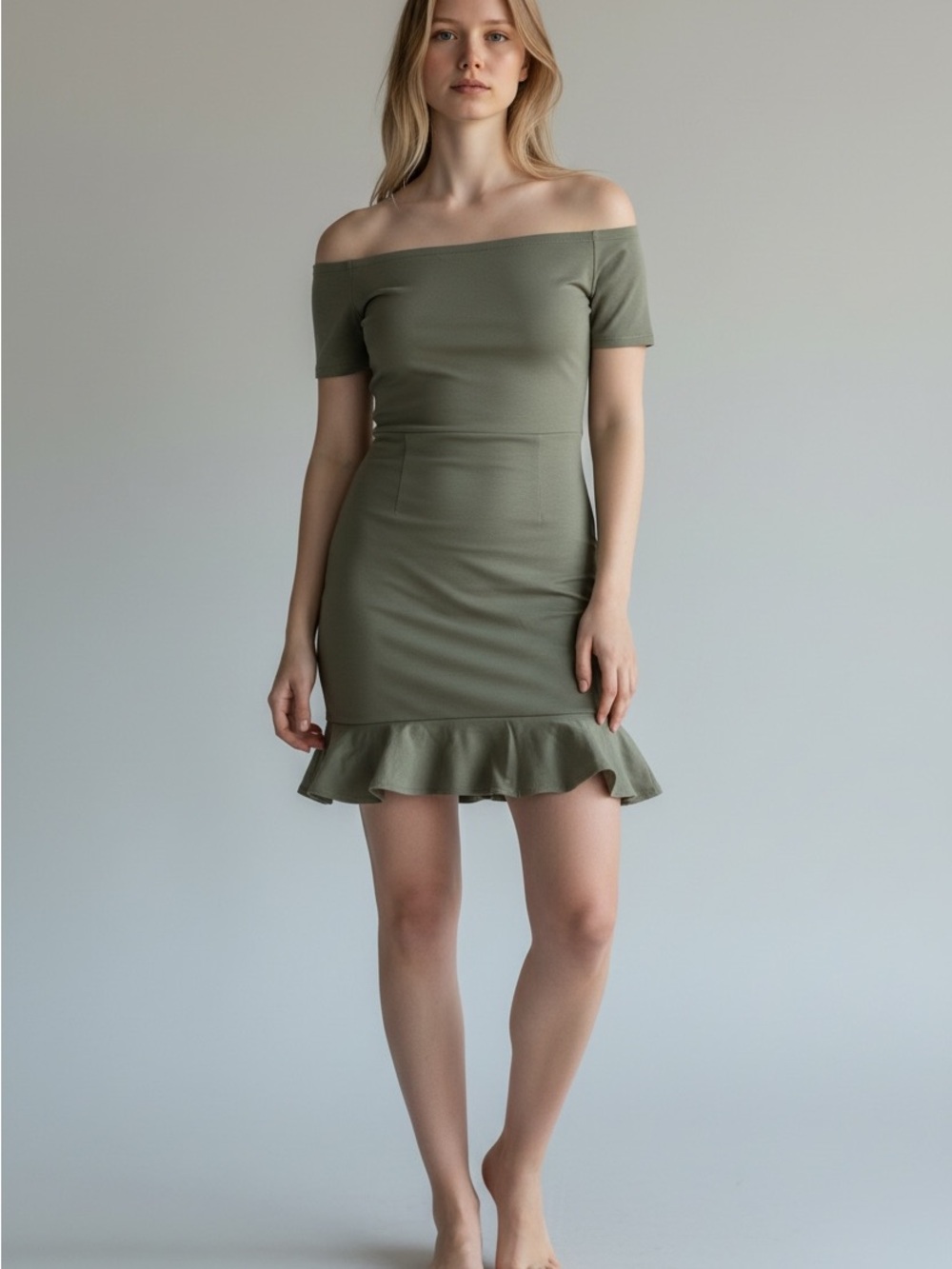 NWT Forever 21 Olive Green Off Shoulder Ruffle Dress M